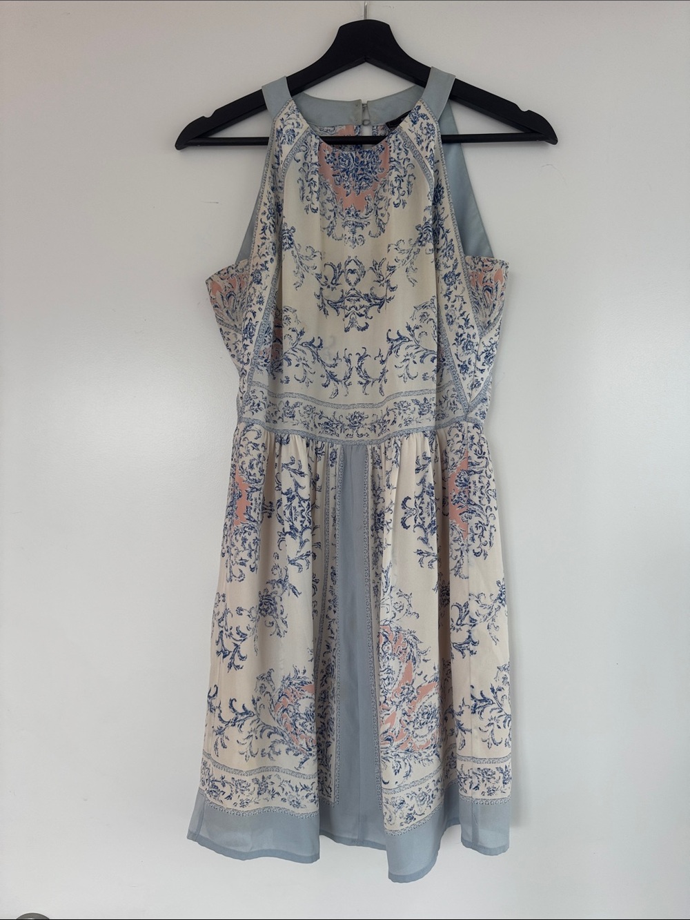 Sleeveless BCBG Floral Print Halter Dress - Blue & Cream